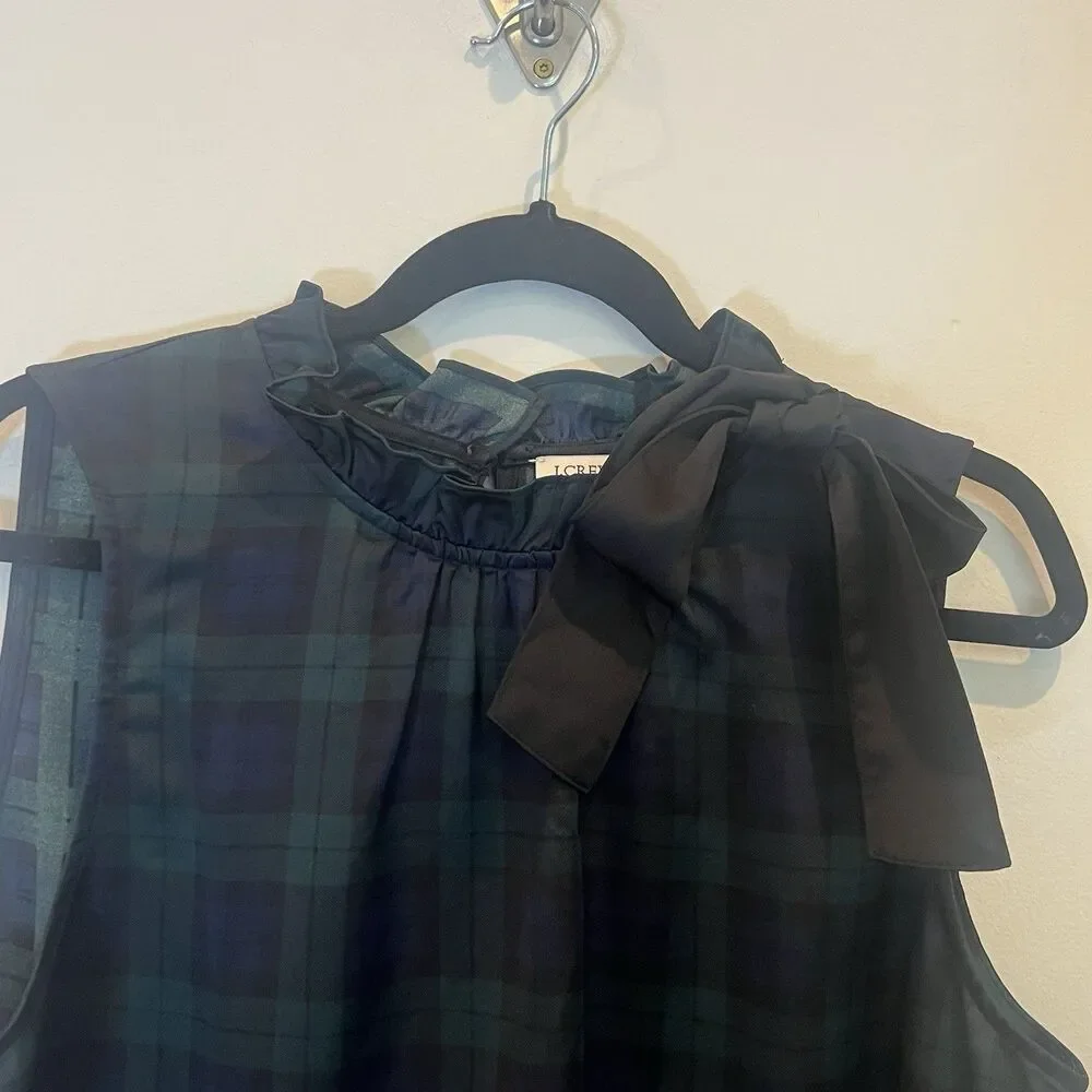 J. Crew NWT Green Plaid Ruffle Neck Sleeveless Bow Top Holiday Blouse Satin L